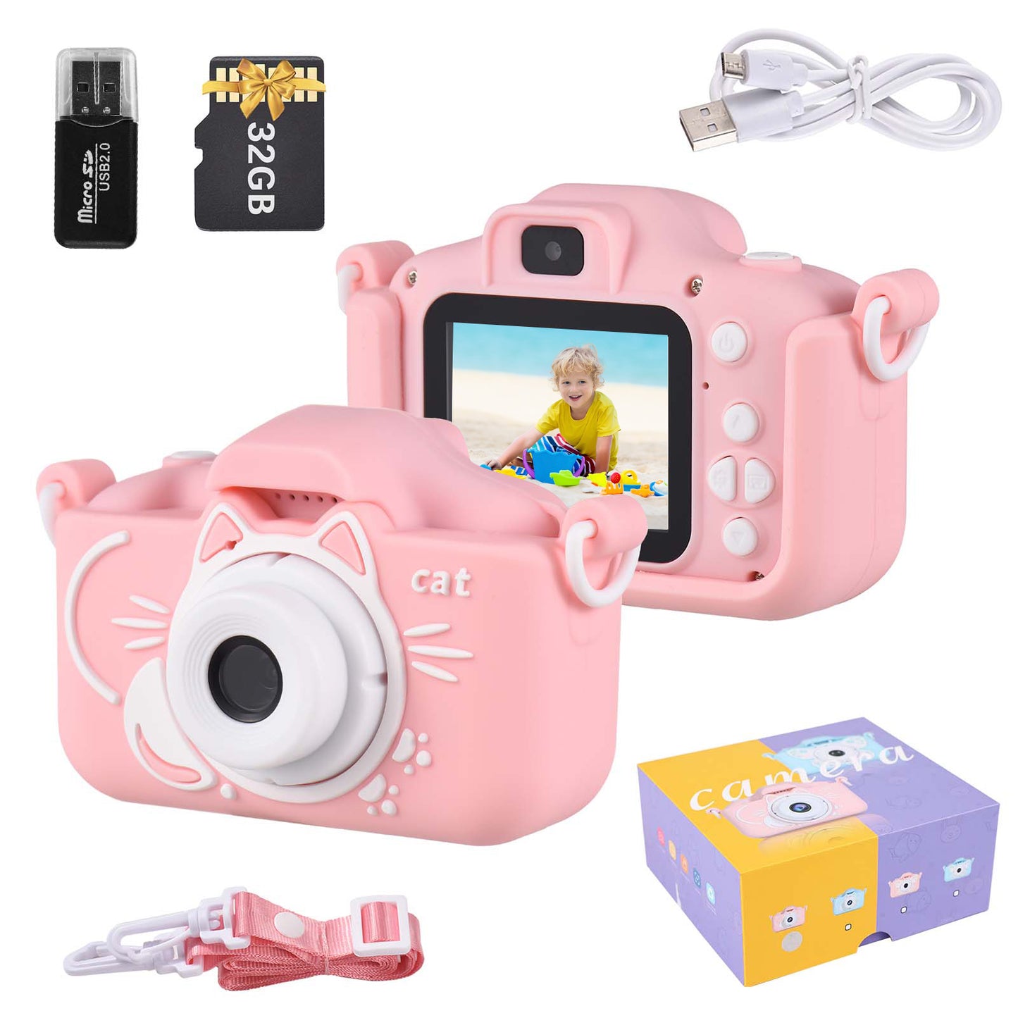 X8 Mini Camera Kids Camera Digital Camera 1080P Video Camera 20MP Dual Lens 2.0 Inch IPS Screen Built-in Battery Cute Photo Frames Interesting Games with 32GB Memory Card USB Card Reader Neck