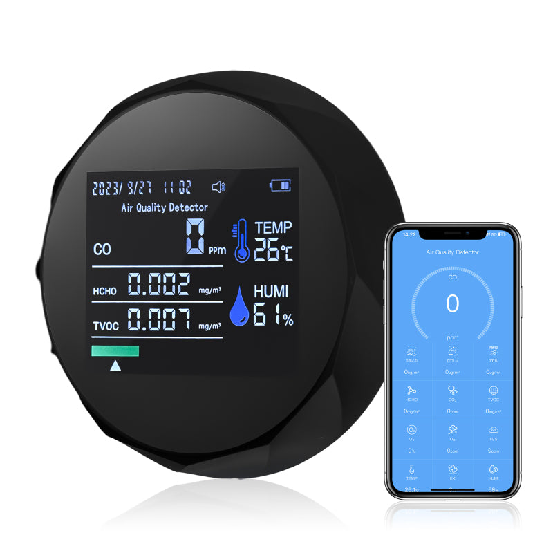 kajilai Seyahat için Taşınabilir Karbon Monoksit Dedektörleri 5'i 1 arada Mini Boyut Hava Kalitesi Monitörü BT APP Bağlantısı Yüksek Doğruluk TVOC HCHO Sıcaklık Nem CO Gaz Dedektörü Kapalı Açık Kamp R