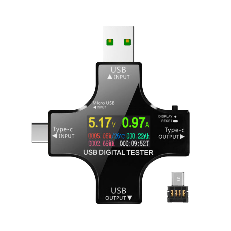 2 in 1 Type C USB Tester with IPS LCD Color Screen USB Voltmeter Ammeter Current Voltage Tester Mini Digital Multimeter with OTG Connector