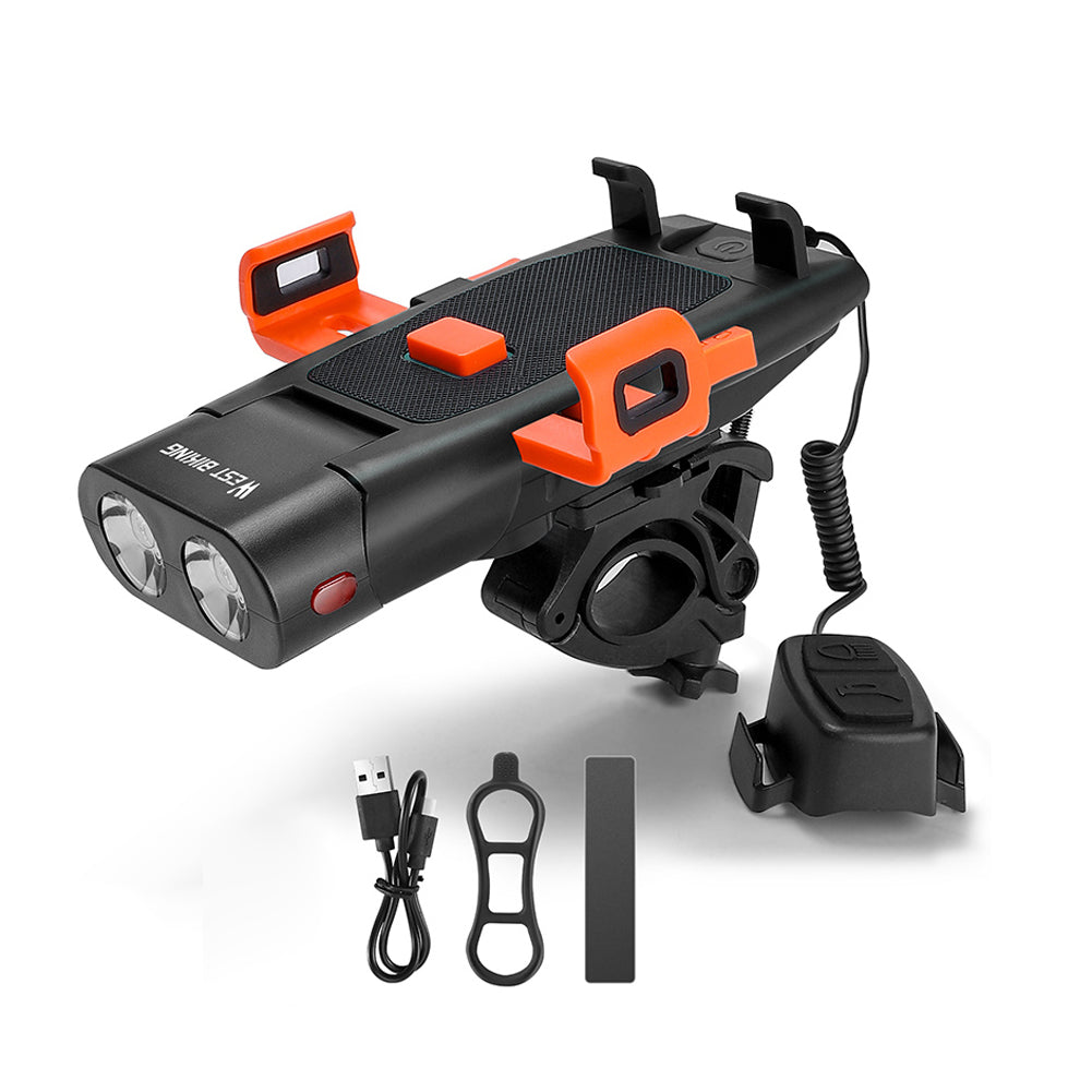 5in1 LED Bike Front Bracket Lamp Horn Mobilephone Holder Warning Bell Powerbanks MTB Bike Flashlight USB Rechargeable Cycling Accessories with 5 Alarm Sound Effects