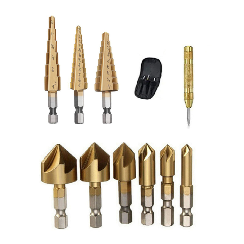 11 Pieces Step Drill Bit Set High-Speed Steel Step Drill Bit Set with Automatic Spring Loaded Center Punch Countersink Drill Bit Set Storage Bag for Wood Metal Plastic