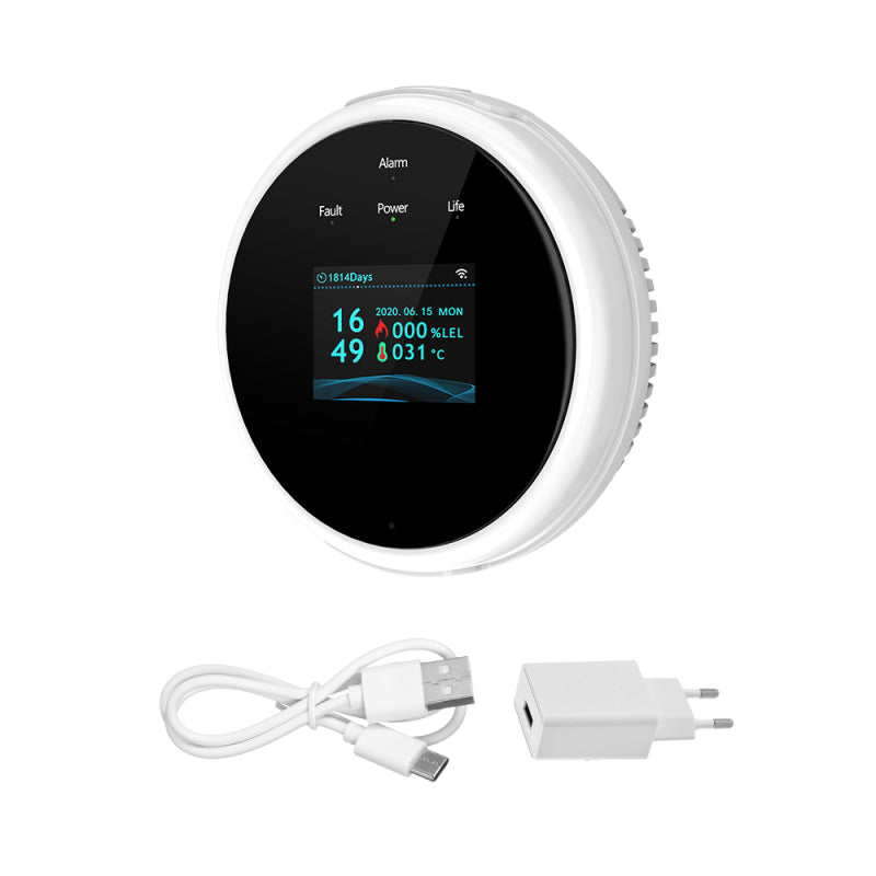 Gas Leak Detector WiFi Home Gas Alarm Tuya APP Monitor Temperature Alarm Clock Display for Home Kitchen Camper Trailer RV Voice Prompt Color LCD Screen Kitchen Natural Propane Gas Detector