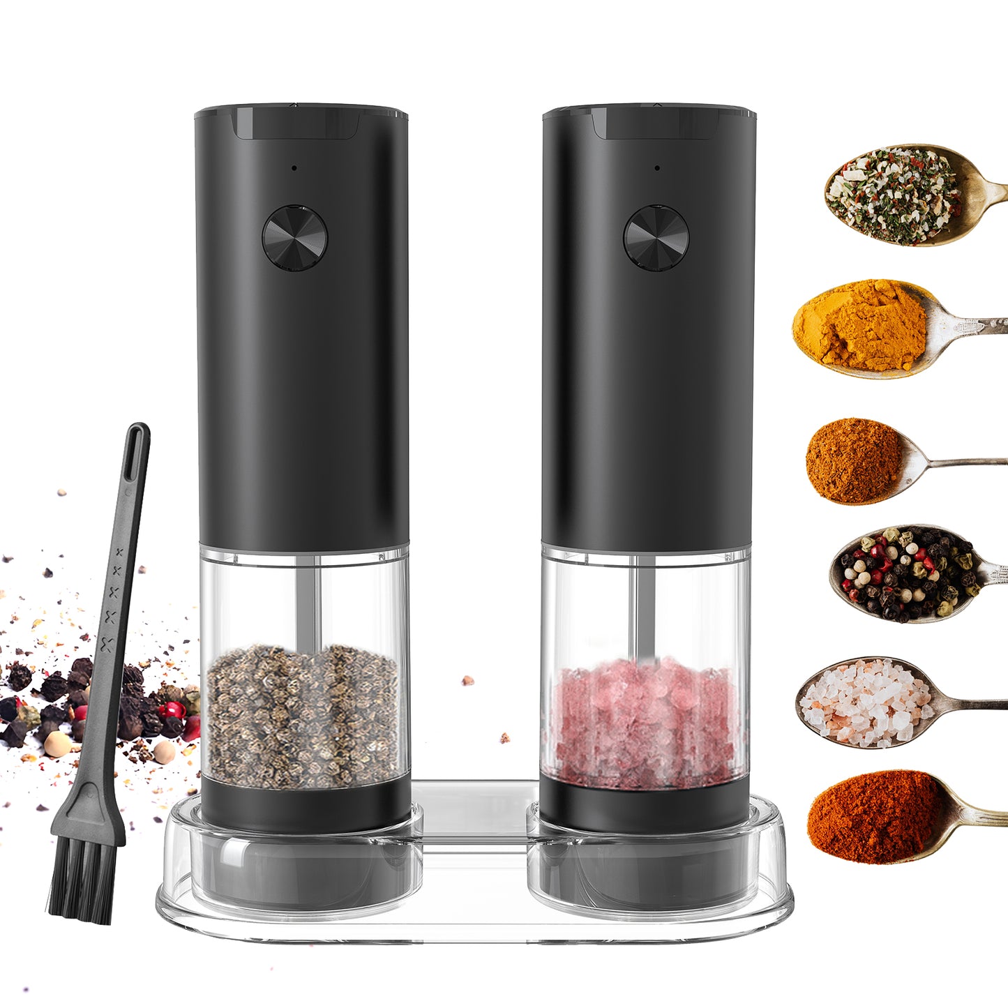 Electric Salt and Pepper Grinder Set with Storage Base Refillable Spice Grinder Battery Operated 5 Levels Adjustable Pepper Mill with Cleaning Brush for Sea Salt Coarse Salt Rosemary Cumin