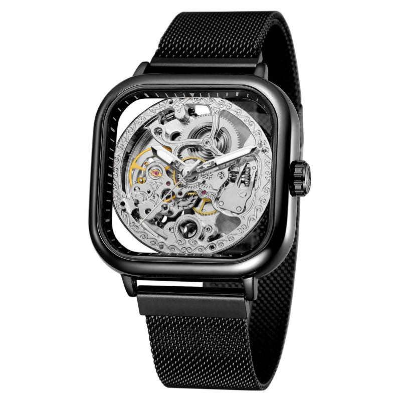 Tignapoo Kare Erkek Kol Saati Mekanik Paslanmaz Çelik İskelet Su Geçirmez Otomatik Kendinden Sarma Kadran Işıklı Ekran Bilek Saati