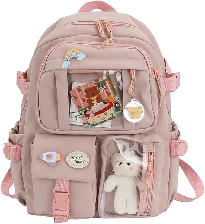 ¨¹niversite ??rencisi s?rt ?antas? moda okul s?rt ?antas? naylon pelu? kolye pimi sevimli Japon tarz? k?zlar i?in uygun, pembe, 40x30x11 cm