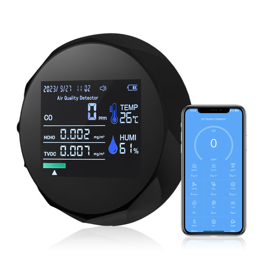 kajilai Seyahat için Taşınabilir Karbon Monoksit Dedektörleri 5'i 1 arada Mini Boyut Hava Kalitesi Monitörü BT APP Bağlantısı Yüksek Doğruluk TVOC HCHO Sıcaklık Nem CO Gaz Dedektörü Kapalı Açık Kamp R