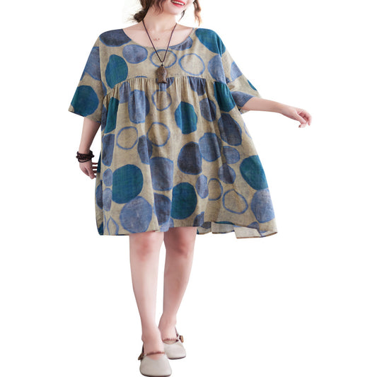 Mistaha Kadın Gevşek Elbise Baskılı Yarım Kol Vintage Günlük Tatil Plaj Elbisesi